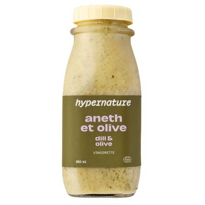 Hypernature dill and olive vinaigrette in 350 ml transparent bottle.