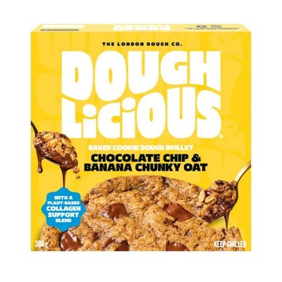 Doughlicious baked cookie dough chocolate chip and banana chunky oat box.