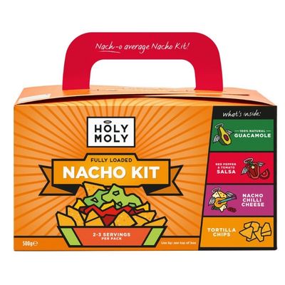 Holy Moly fully loaded nacho kit with guacamole salsa and tortilla chips.