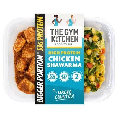 The Gym Kitchen high protein chicken shawarma ready meal with salad and chickpeas.