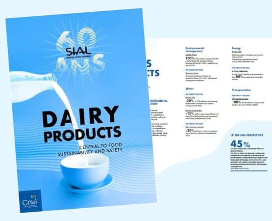 Cover of the CNIEL White Paper titled 'Dairy Products Central to Food Sustainability and Safety', featuring a glass of milk and a pouring milk visual. Co-branded with the SIAL 60 years logo.
