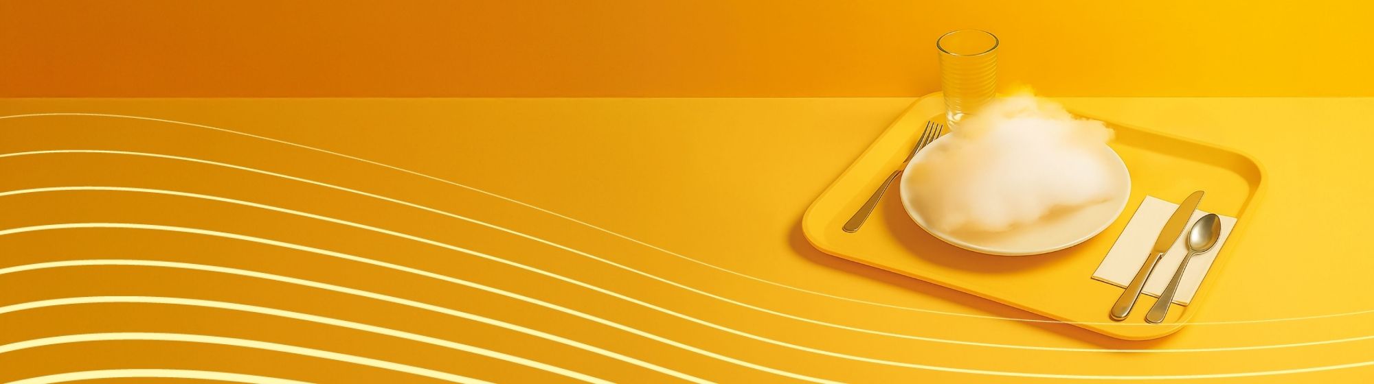 Plateau jaune avec un plat fumant et un verre sur une table, créant une ambiance moderne et colorée