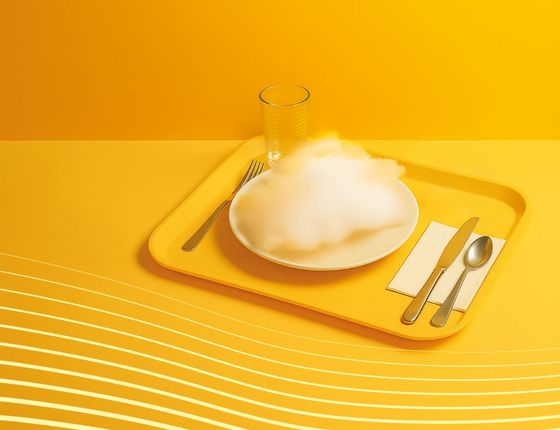 Plateau jaune avec un plat fumant et un verre, créant une ambiance futuriste à SIAL